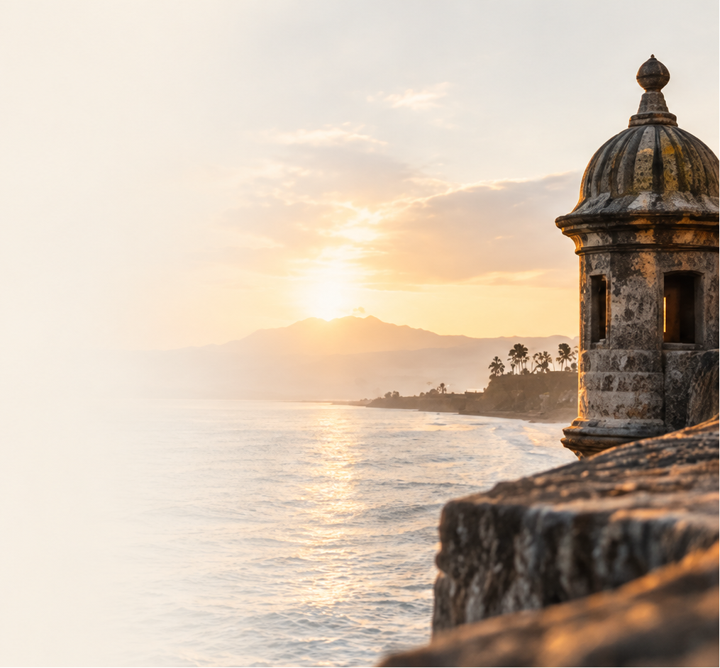 A scenic coastal sunset with calm water, distant mountains, and a stone tower on the right side of the frame, leaving open sky on the left.